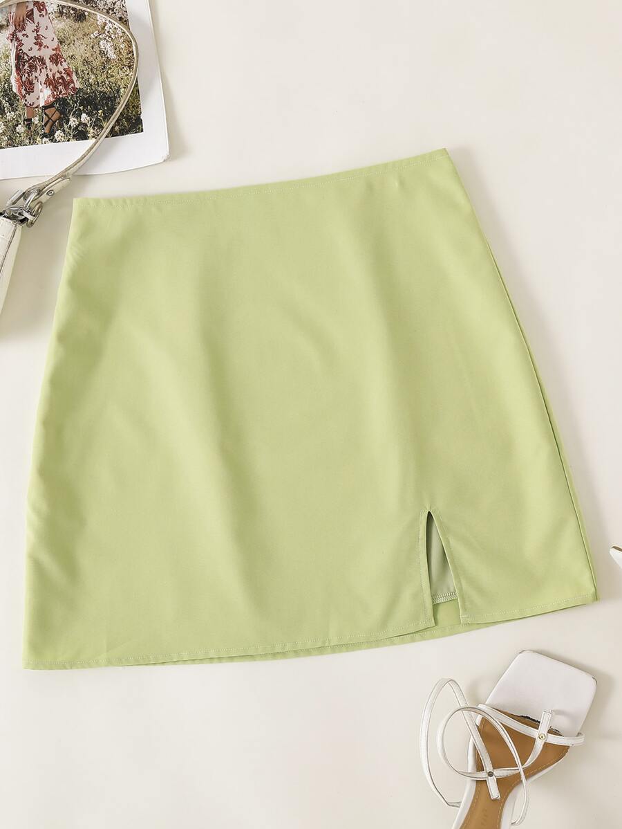 Chiquease Solid Split Hem Zipper Skirt - Lime Green - View 1