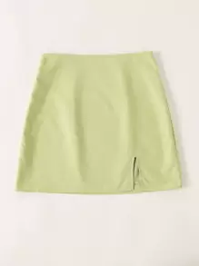 Chiquease Solid Split Hem Zipper Skirt - Lime Green - View 4