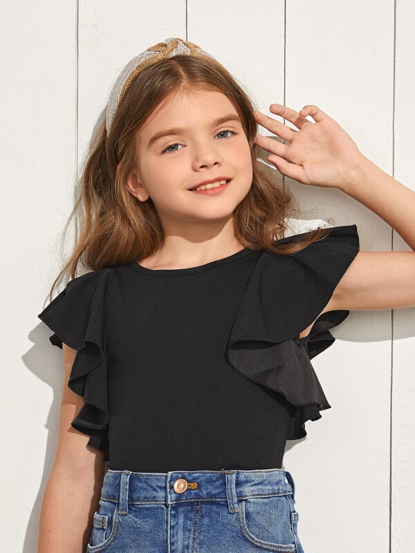 SHEIN Kids CHARMNG Girls Solid Butterfly Sleeve Tee SHEIN USA