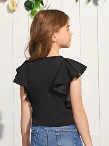 SHEIN Tween Girl Basic Round Neck Blouse With Butterfly Sleeves - Black - View 2