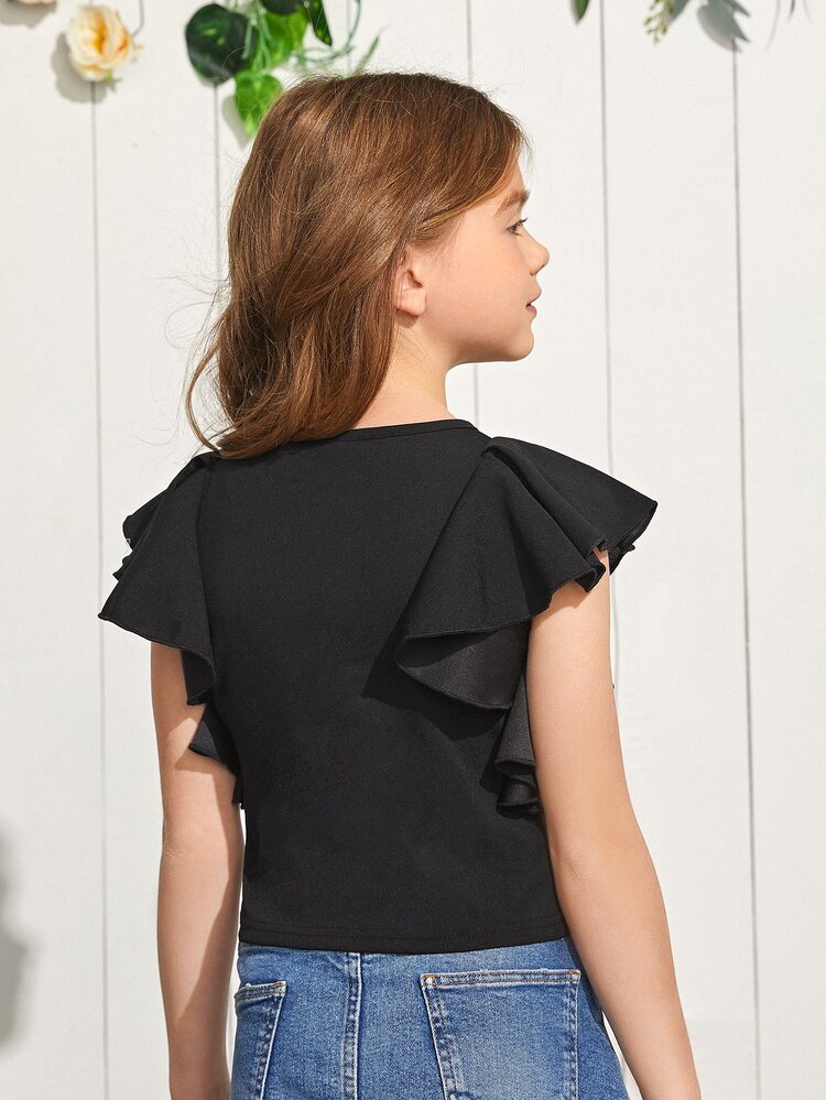 SHEIN Tween Girl Basic Round Neck Blouse With Butterfly Sleeves - Black - View 2