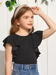 SHEIN Tween Girl Basic Round Neck Blouse With Butterfly Sleeves - Black - View 3