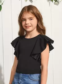 SHEIN Tween Girl Basic Round Neck Blouse With Butterfly Sleeves - Black - View 4