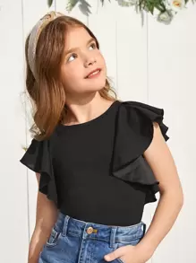 SHEIN Tween Girl Basic Round Neck Blouse With Butterfly Sleeves - Black - View 5