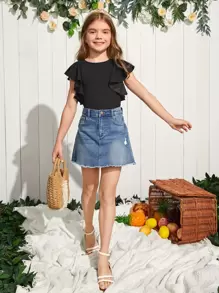 SHEIN Tween Girl Basic Round Neck Blouse With Butterfly Sleeves - Black - View 6