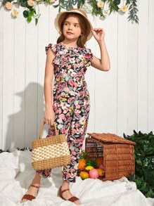 SHEIN Girls Ruffle Trim Floral Print Jumpsuit - Multicolor - View 2