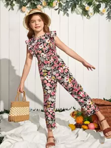 SHEIN Girls Ruffle Trim Floral Print Jumpsuit - Multicolor - View 1