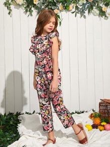 SHEIN Girls Ruffle Trim Floral Print Jumpsuit - Multicolor - View 4