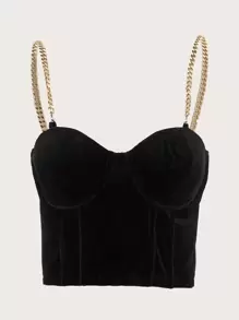 SHEIN Plus Chain Strap Velvet Cami Top - Black - View 1