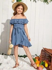 SHEIN Niñas Vestido con cinturón de hombros descubiertos ribete con fruncido - Azul - Ver 2