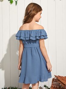 SHEIN Niñas Vestido con cinturón de hombros descubiertos ribete con fruncido - Azul - Ver 3