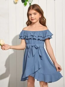 SHEIN Niñas Vestido con cinturón de hombros descubiertos ribete con fruncido - Azul - Ver 4