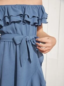 SHEIN Niñas Vestido con cinturón de hombros descubiertos ribete con fruncido - Azul - Ver 5