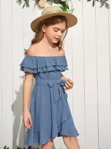 SHEIN Niñas Vestido con cinturón de hombros descubiertos ribete con fruncido - Azul - Ver 1