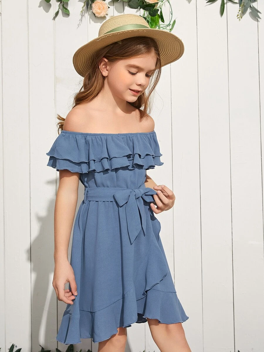 SHEIN Niñas Vestido con cinturón de hombros descubiertos ribete con fruncido - Azul - Ver 1