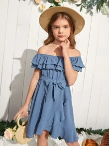 SHEIN Niñas Vestido con cinturón de hombros descubiertos ribete con fruncido - Azul - Ver 7