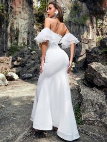 YISIKADO Vestido de fiesta bajo de cola de pescado con manga retirable - Blanco - Ver 2