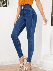 SHEIN Essnce 高腰拉鏈門襟緊身牛仔褲 - 中等水洗藍 - 查看 1