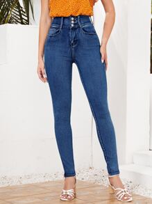 SHEIN Essnce 高腰拉鏈門襟緊身牛仔褲 - 中等水洗藍 - 查看 2