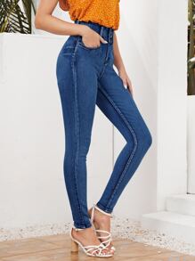 SHEIN Essnce 高腰拉鏈門襟緊身牛仔褲 - 中等水洗藍 - 查看 4