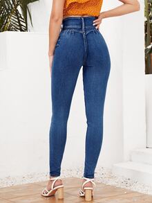 SHEIN Essnce 高腰拉鏈門襟緊身牛仔褲 - 中等水洗藍 - 查看 5