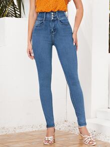 SHEIN Essnce 高腰拉鏈門襟緊身牛仔褲 - 中等水洗藍 - 查看 2