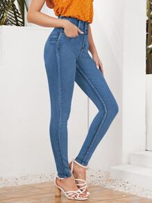 SHEIN Essnce 高腰拉鏈門襟緊身牛仔褲 - 中等水洗藍 - 查看 4