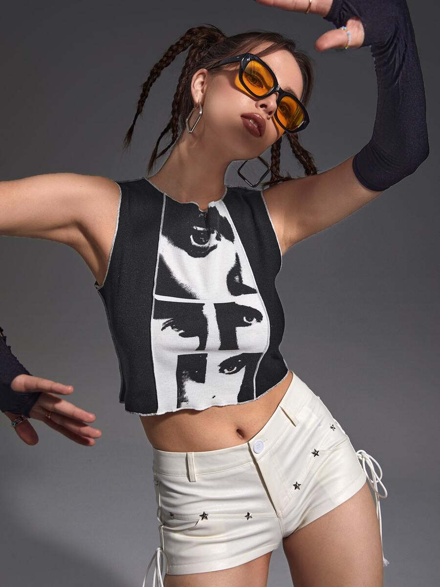 SHEIN ICON 人像圖案拼接車縫短款背心無手套 - 黑色 - 查看 1