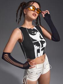 SHEIN ICON 人像圖案拼接車縫短款背心無手套 - 黑色 - 查看 4