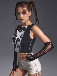 SHEIN ICON 人像圖案拼接車縫短款背心無手套 - 黑色 - 查看 5