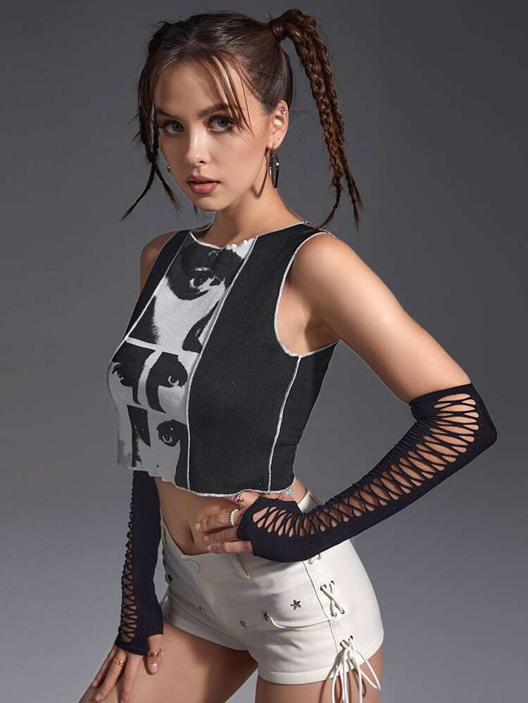 SHEIN ICON 人像圖案拼接車縫短款背心無手套 - 黑色 - 查看 5