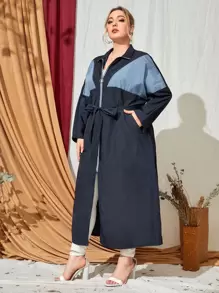 SHEIN Cazadora panel en contraste de manga murciélago con aro O cremallera con cinturón - Azul Marino - Ver 1