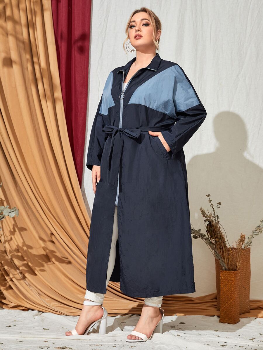 SHEIN Cazadora panel en contraste de manga murciélago con aro O cremallera con cinturón - Azul Marino - Ver 1