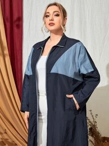 SHEIN Cazadora panel en contraste de manga murciélago con aro O cremallera con cinturón - Azul Marino - Ver 4