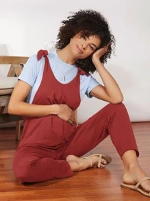 SHEIN 孕婦裝繫肩帶素色背帶褲 - 酒紅色 - 查看 1