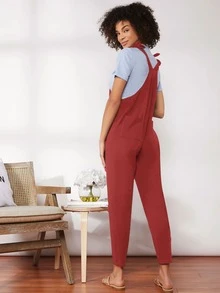 SHEIN 孕婦裝繫肩帶素色背帶褲 - 酒紅色 - 查看 2