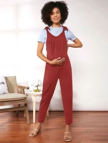 SHEIN 孕婦裝繫肩帶素色背帶褲 - 酒紅色 - 查看 3