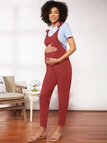 SHEIN 孕婦裝繫肩帶素色背帶褲 - 酒紅色 - 查看 4