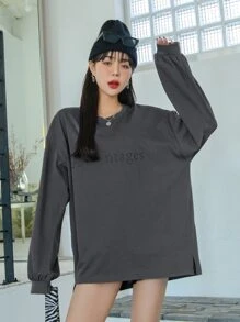 DAZY Áo phông có họa tiết chữ cái xẻ vai trễ vai - Màu xám đen - Xem 7