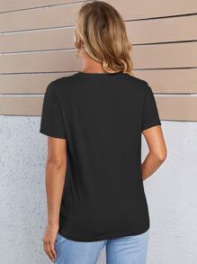 SHEIN Áo thun Bà bầu Nút màu trơn Giải trí - màu đen - Xem 2