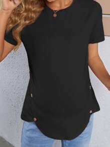 SHEIN Áo thun Bà bầu Nút màu trơn Giải trí - màu đen - Xem 3