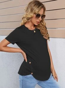 SHEIN Áo thun Bà bầu Nút màu trơn Giải trí - màu đen - Xem 4