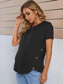 SHEIN Áo thun Bà bầu Nút màu trơn Giải trí - màu đen - Xem 5