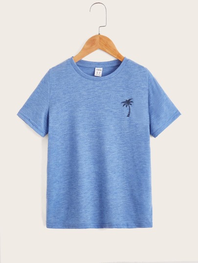 Tween Boy Coconut Tree Print Colorful Knit T-Shirt, Casual Style Suitable For Summer Daily Wear