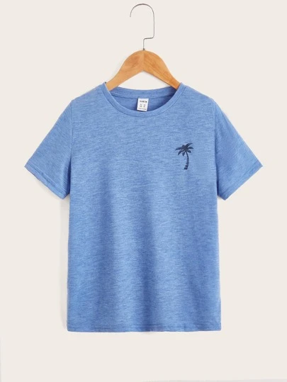 SHEIN Tween Boy Coconut Tree Print Colorful Knit T-Shirt, Casual Style Suitable For Summer Daily Wear