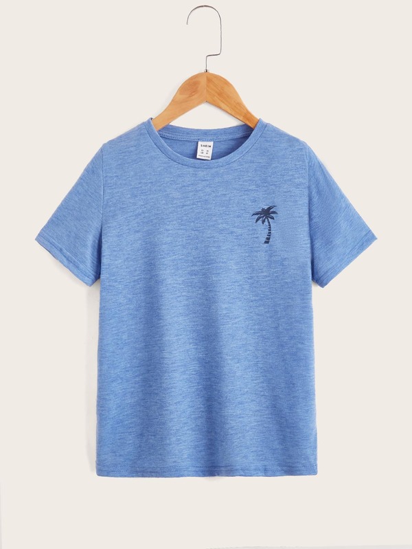 SHEIN Tween Boy Coconut Tree Print Colorful Knit T-Shirt, Casual Style Suitable For Summer Daily Wear