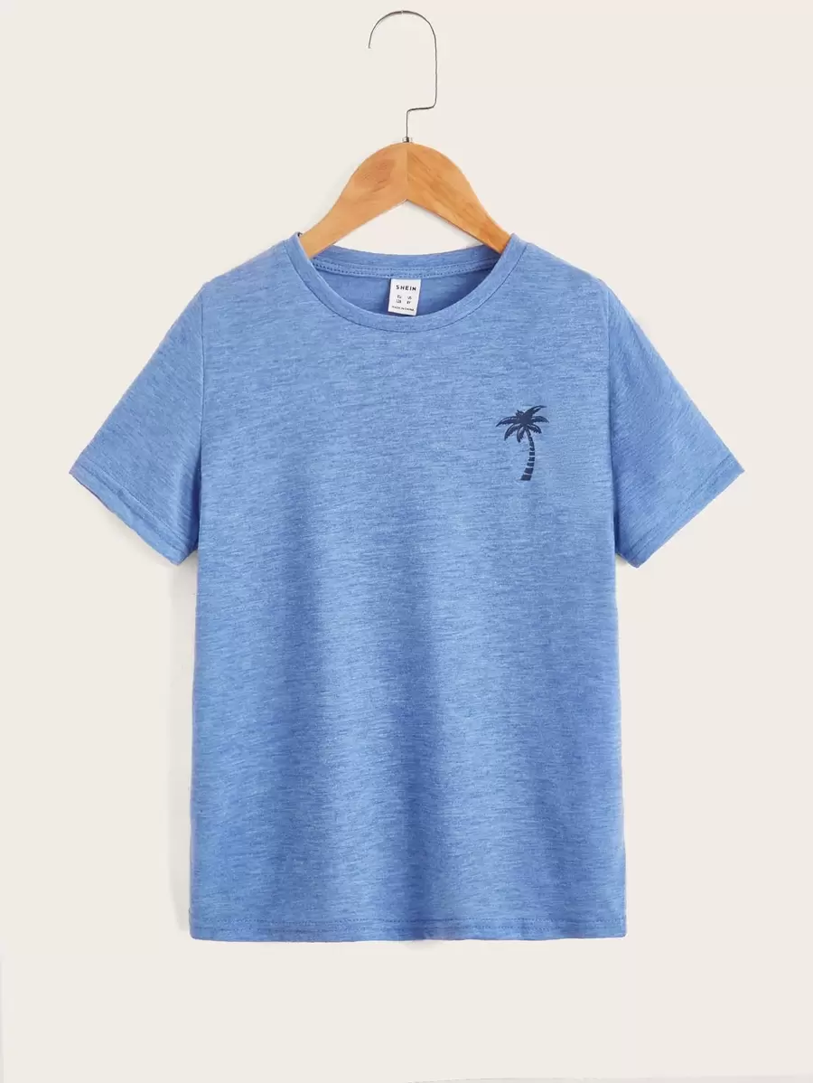 SHEIN Tween Boy Coconut Tree Print Colorful Knit T-Shirt, Casual Style Suitable For Summer Daily Wear - Blue - View 1