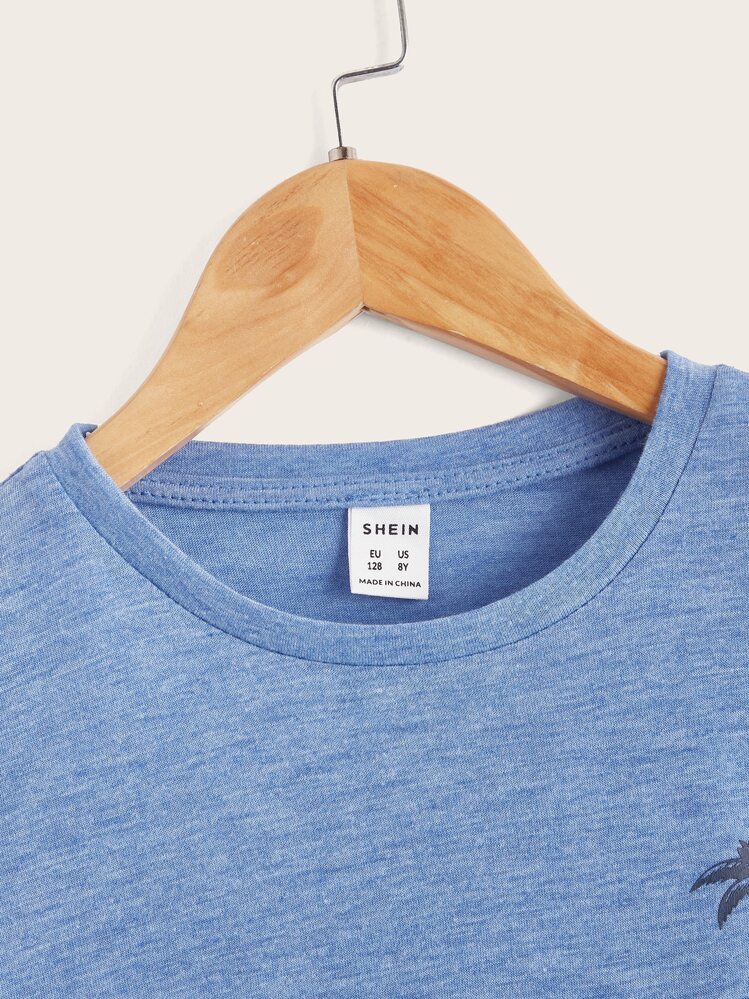 SHEIN Tween Boy Coconut Tree Print Colorful Knit T-Shirt, Casual Style Suitable For Summer Daily Wear - Blue - View 4