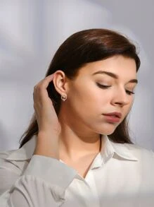 方晶鋯石圓環裝飾耳墜 - 銀色 - 查看 2