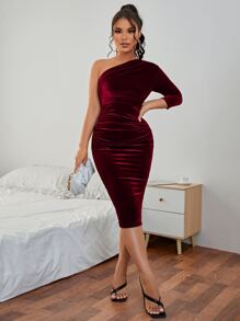 SHEIN PETITE 單肩褶邊絲絨緊身連衣裙 - 紫紅色 - 查看 1